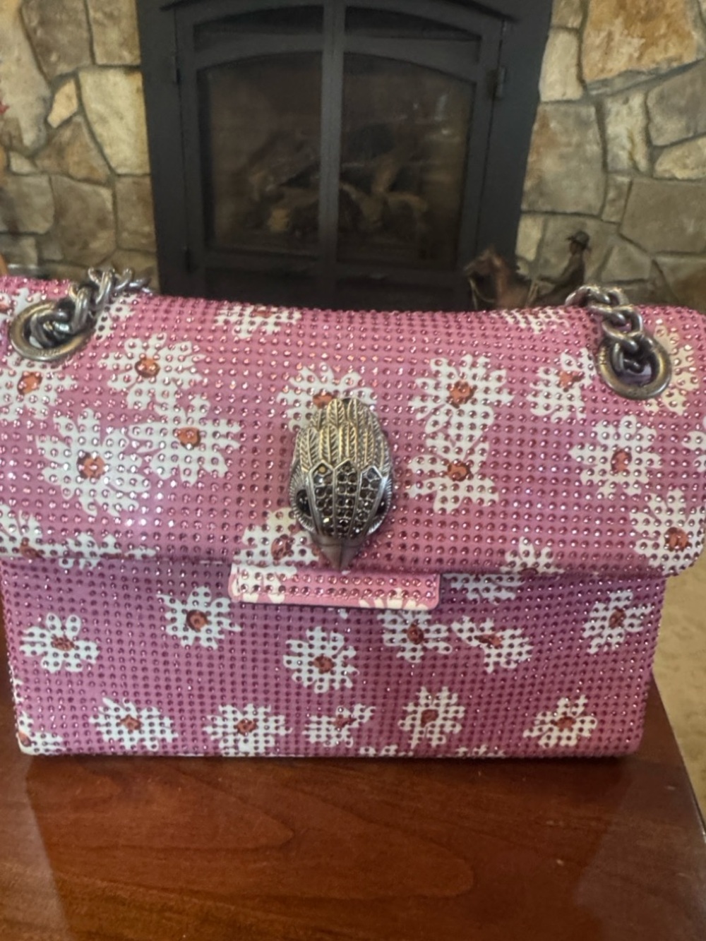 Kurt Geiger Pink and White Crystal Floral Chain-Handle Shoulder Bag/Crossbody
